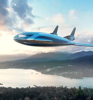 Eenuee GEN-ee electric plane in flight over the mountains