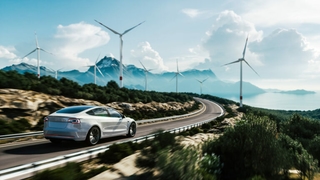 Electric vehicle on a mountain road in Canada